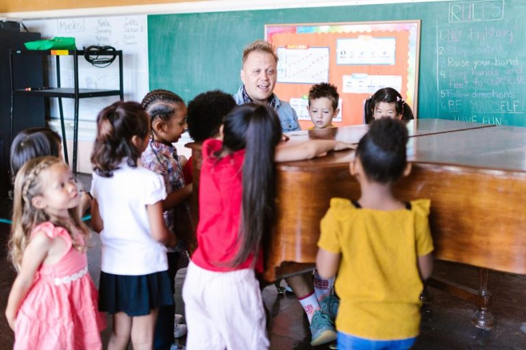 Music teacher leading a class of children around a piano in a school music program